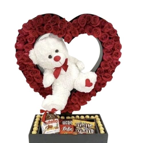 Corazon de rosas peluche y chocolates