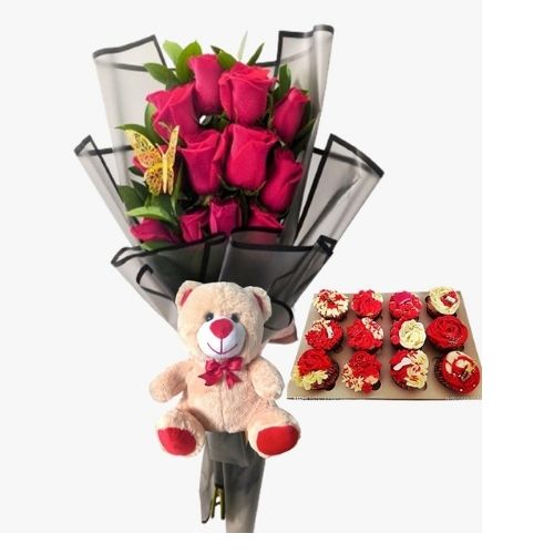 Doce rosas peluche y cupcakes